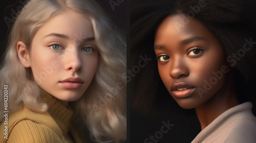 Comparison of two similar face shapes with dark tanned skin tone and light caucasian skin tone, young beauty face, eye contact, slim attractiveness