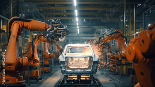 autonomous robot factory produces vehicles cars bodies in a big hall on long production line © wetzkaz