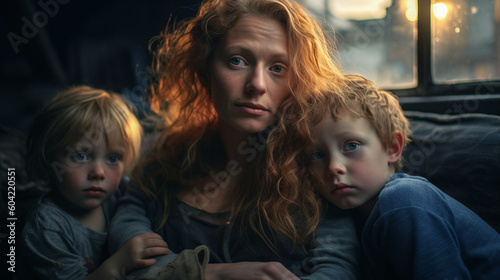 mother with her children, bad mood and bad mood, fictional problem photo