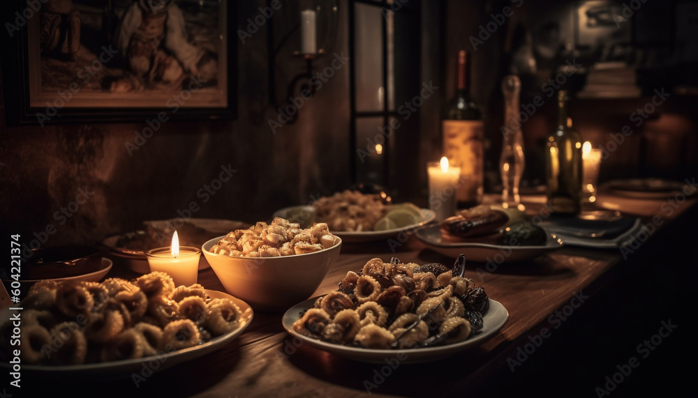 A gourmet meal with wine and chocolate in candlelight generated by AI