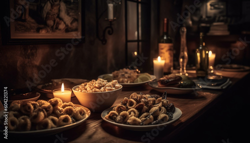 A gourmet meal with wine and chocolate in candlelight generated by AI