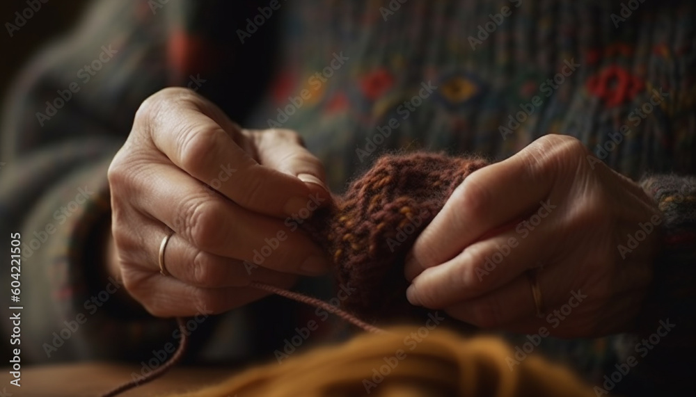 A skilled woman knitting a homemade craft product with wool generated by AI