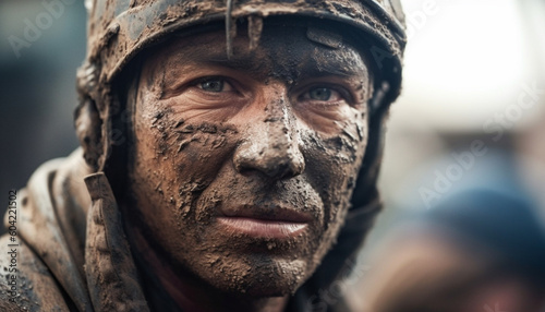 Confident athletes embrace the mud for extreme winter competition adventure generated by AI