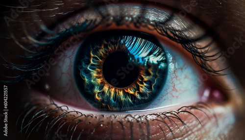 Blue eyed woman staring at camera, close up of iris and eyelash generated by AI