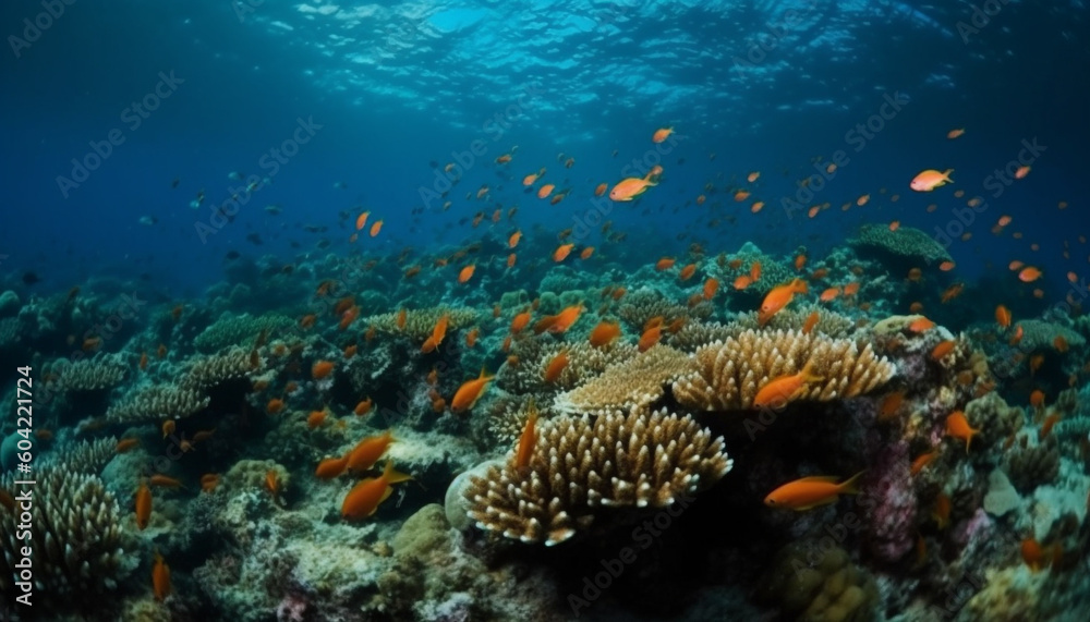 Deep below, a multi colored reef teems with sea life generated by AI Deep below, a multi colored reef teems with sea life generated by AI