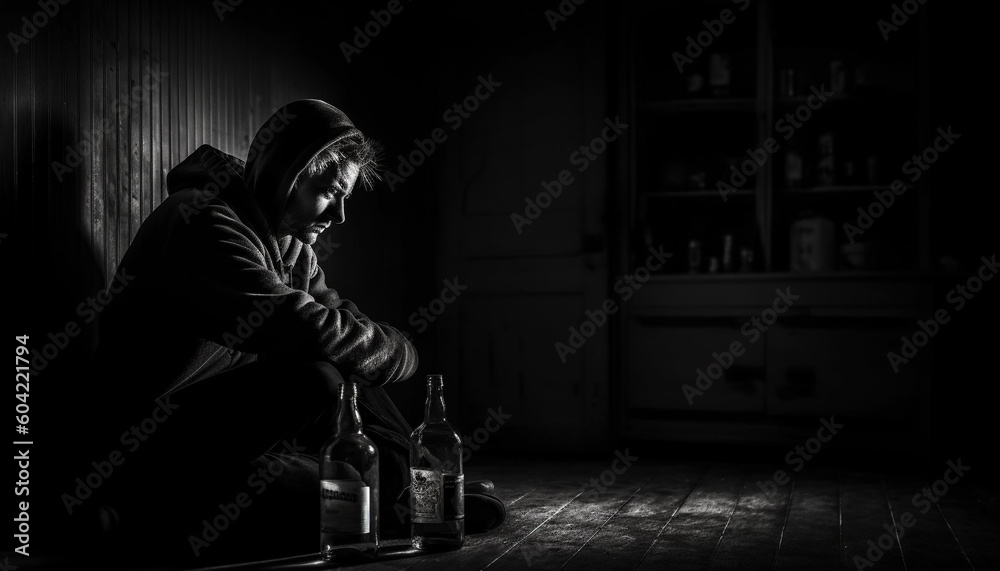 One man, sitting in darkness, sulking with whiskey bottle generated by AI - obrazy, fototapety, plakaty 