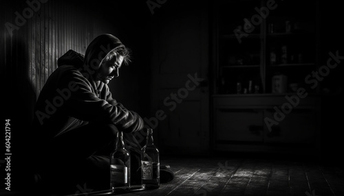 One man, sitting in darkness, sulking with whiskey bottle generated by AI