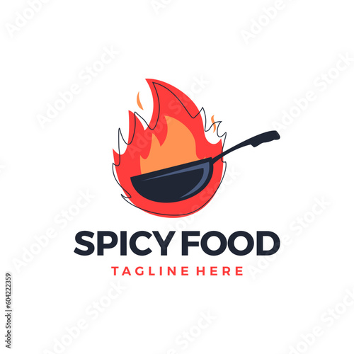 A fire in a frying pan,  spicy food logo design vector illustration © sampahplastick