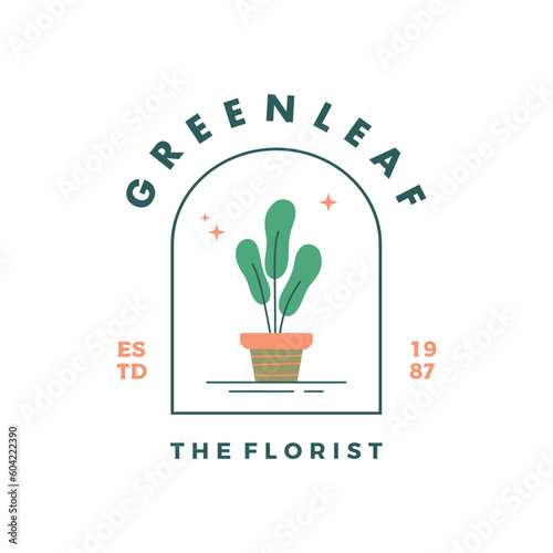 the florist logo with a potted plant in the middle, logo design vector illustration