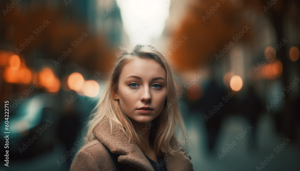 A young, beautiful woman walking alone in the illuminated city generated by AI A young, beautiful woman walking alone in the illuminated city generated by AI