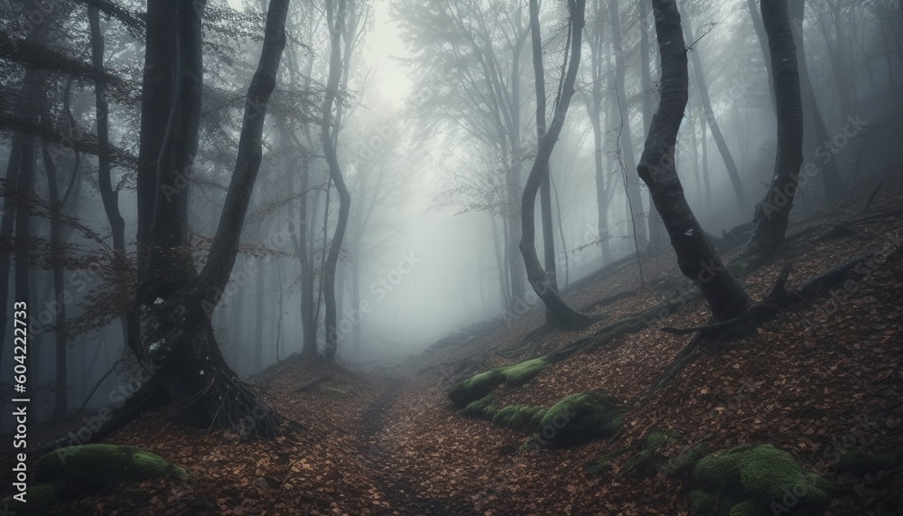 A spooky forest in autumn, mystery and beauty in nature generated by AI