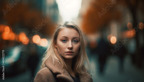 A young, beautiful woman walking alone in the illuminated city generated by AI