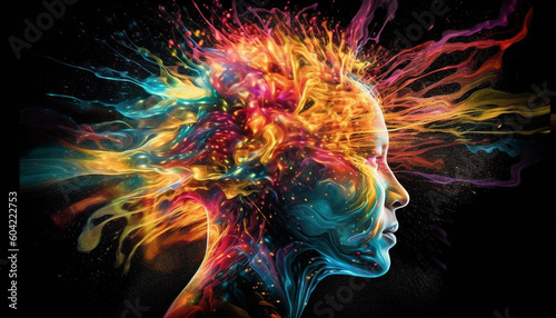 Abstract human face explodes with vibrant colors in futuristic design generated by AI