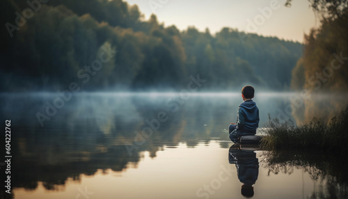 One person standing, reflecting on tranquil sunset over serene pond generated by AI