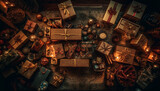 A rustic gift box wrapped in ornate Christmas decoration generated by AI