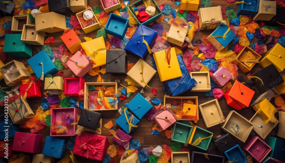 A large, messy heap of colorful cardboard confetti decorations generated by AI