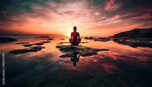 Meditating men and women find harmony in tranquil nature scenes generated by AI © Stockgiu