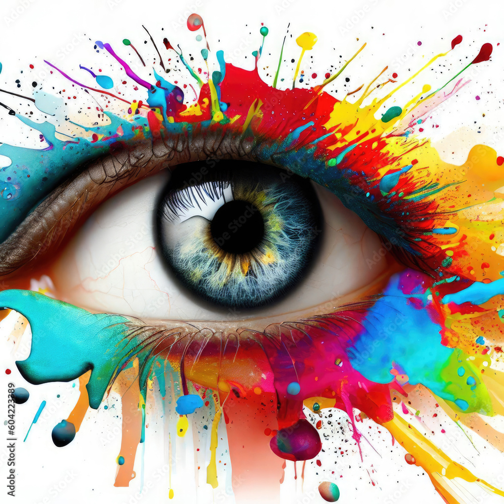 Bright eyes with colorful ink splashes.generative AI