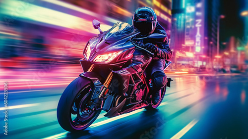 EBR racing motorcycle with abstract long exposure dynamic speed light trails in an urban environment city, Generative AI © khwanchai