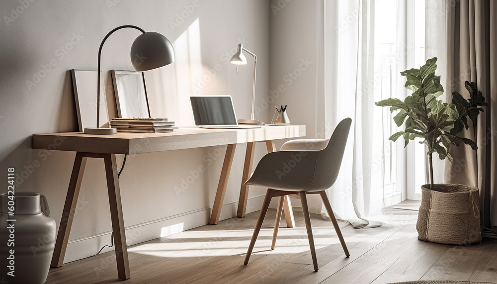Minimalist office decor elegant shelf, electric lamp, and comfortable armchair generated by AI