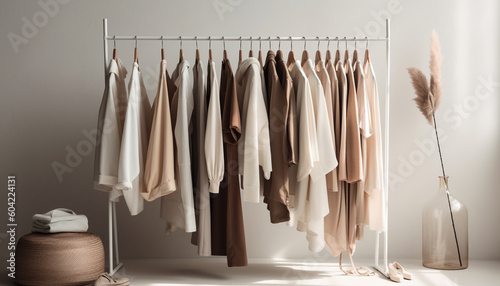 Modern fashion collection hanging in elegant domestic closet, no people generated by AI