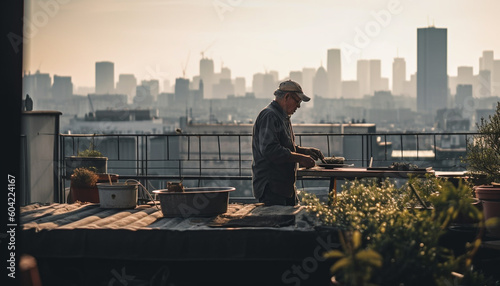 One businessman sitting outdoors, looking at city skyline, relaxing generated by AI © Stockgiu