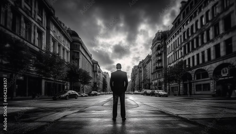 A lone businessman walks the city streets, surrounded by architecture generated by AI
