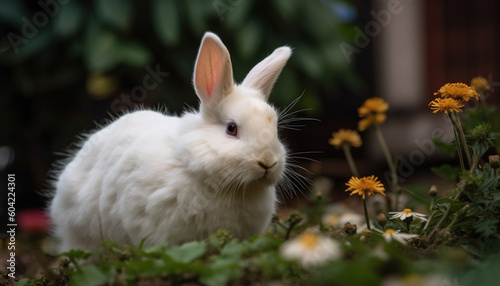 A cute, fluffy baby rabbit sitting in the grass outdoors generated by AI © Stockgiu