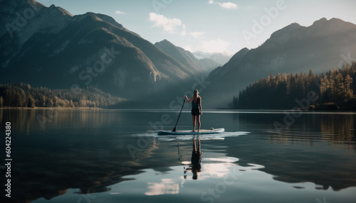 One person paddling a canoe in tranquil mountain reflection generated by AI