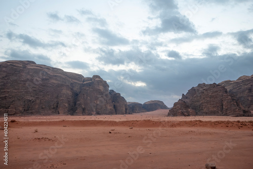 red rock canyon.Panoramic view of the desert mountains with the sky.Jordan Travel.Wadi Rum.