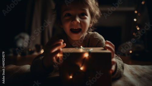 A cheerful child holds a gift, smiling by candlelight generated by AI