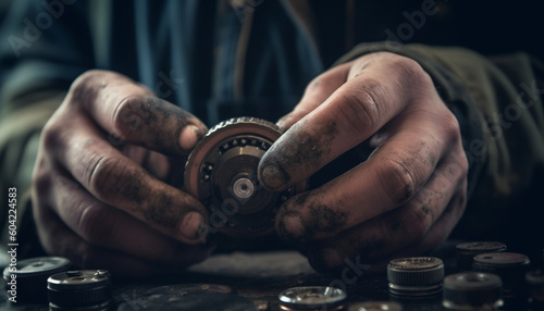 Expert mechanic hand skillfully repairs spinning metallic engine part generated by AI