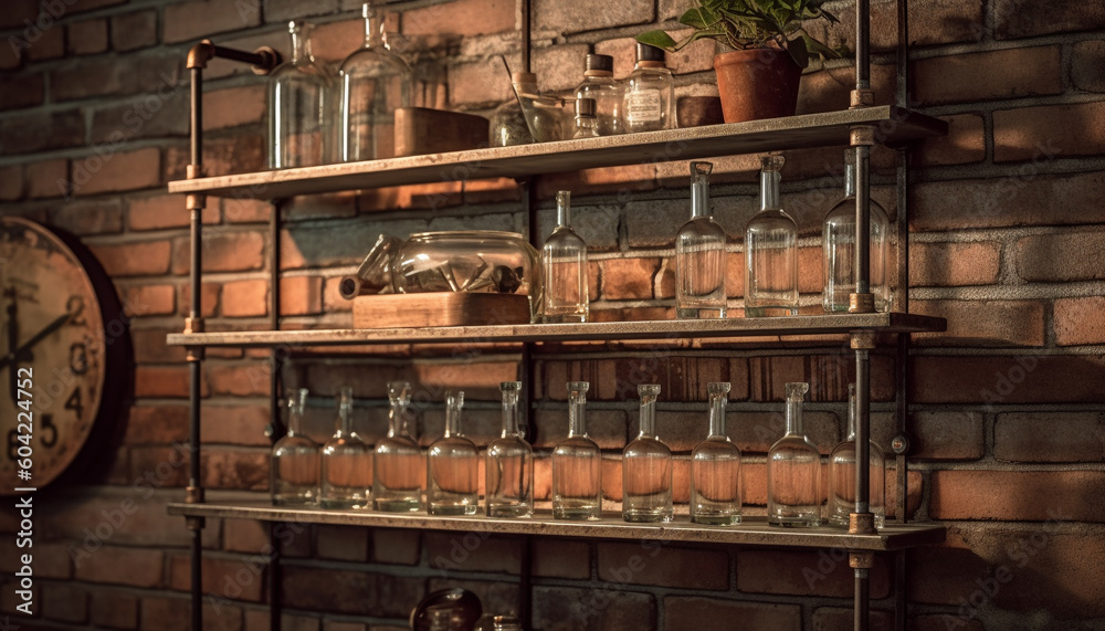 A large collection of old fashioned wine bottles decorate the cellar generated by AI