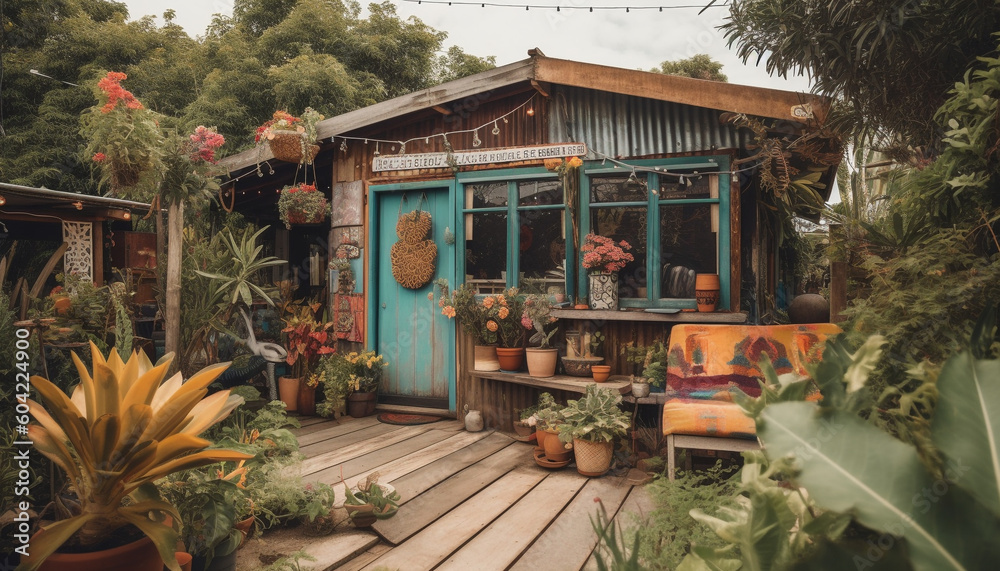 Obraz premium A rustic cottage with fresh flower decor in a tropical paradise generated by AI