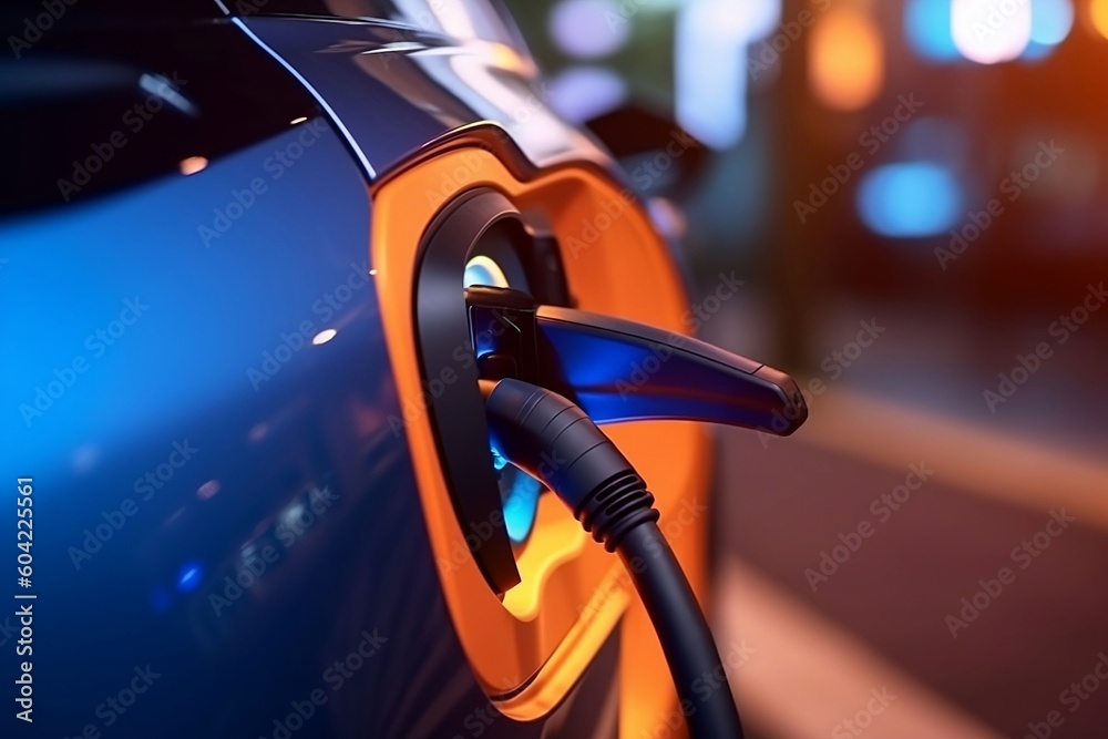 Close up view of charging blue electric car batterey created with Generative AI technology