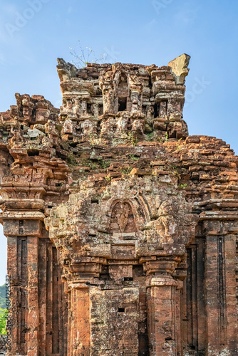 MY SON SANCTUARY IS A LARGE COMPLEX OF RELIGIOUS RELICS COMPRISES CHAM ARCHITECTURAL WORKS. A UNESCO WORLD HERITAGE SITE IN QUANG NAM, VIETNAM. LOCATED ABOUT 30 KM WEST OF HOI AN ANCIENT TOWN.