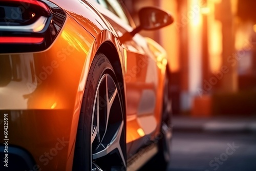 Orange modern shiny car on the street, back view created with Generative AI technology © Oksana