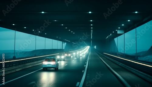 Driving on a multiple lane highway, vanishing point ahead generated by AI