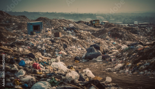 Pollution and poverty ruin nature as garbage heaps grow larger generated by AI photo