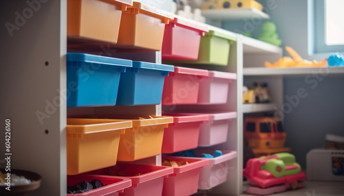 A large collection of multi colored toys in plastic containers generated by AI