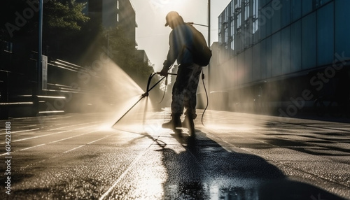 One person spraying liquid, working outdoors in the metal industry generated by AI