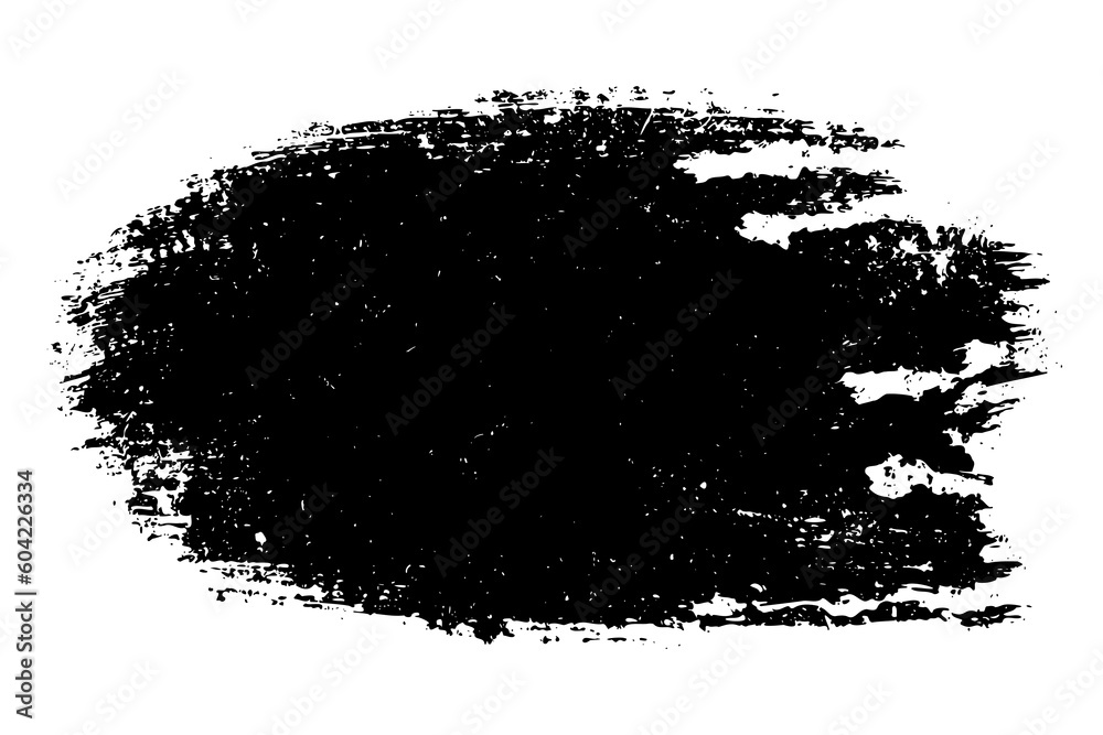 Hand drawn black ink brushstroke texture isolated on white background. Abstract freehand distressed splash. Artistic design element. Vector shape for stamp, seal, frame, banner, grunge background.