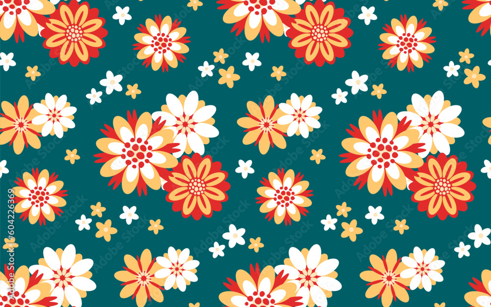 Seamless floral pattern with cute red and white flowers on gold sand color background. Vector illustration in flat style. Design for fabric, wrapping paper, background, wallpaper, kids fashion. Seamless floral pattern with cute red and white flowers on gold sand color background. Vector illustration in flat style. Design for fabric, wrapping paper, background, wallpaper, kids fashion.