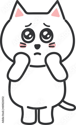 Teary-eyed white cartoon cat being impressed by something, vector illustration.