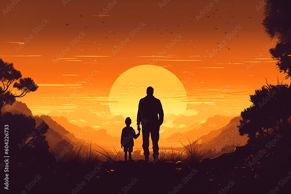 Fatherhood, father's day, joint family vacation concept. Silhouette father and son holding hands against backdrop of sun, rear view. Generative AI