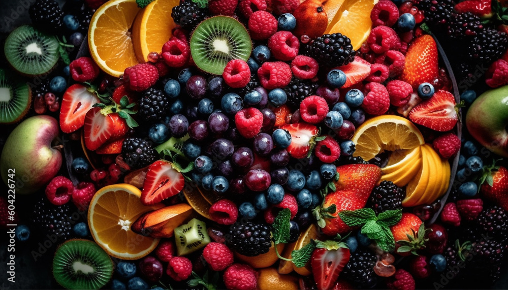 A juicy fruit salad with a variety of healthy berries generated by AI A juicy fruit salad with a variety of healthy berries generated by AI