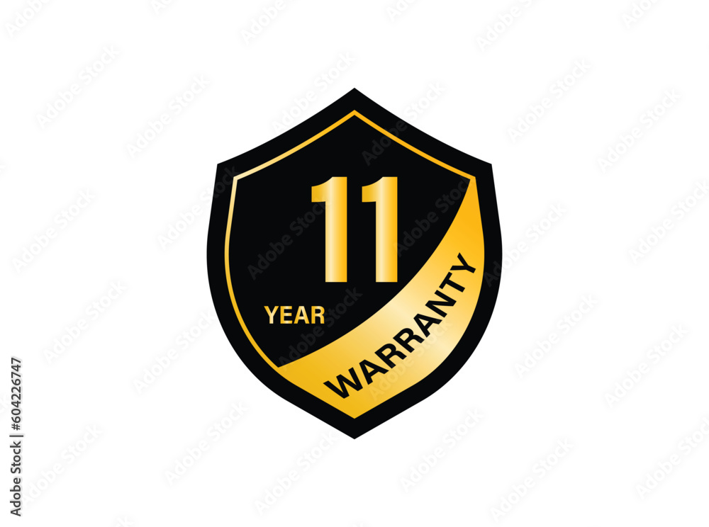 11 year warranty golden seal, stamp, badge, stamp, sign, label with red ribbon isolated on white background. 11 year warranty golden seal, stamp, badge, stamp, sign, label with red ribbon isolated on white background.