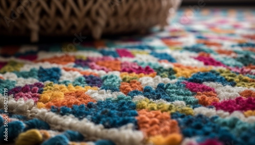 Woven wool rug with vibrant colors adds warmth to indoors generated by AI © Stockgiu