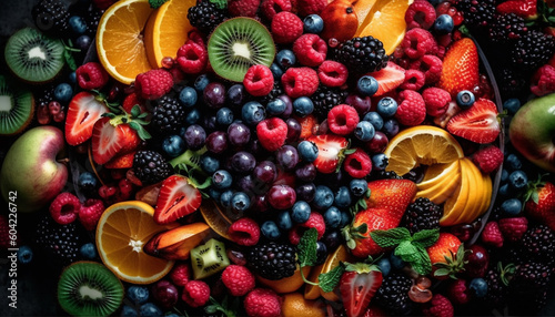 A juicy fruit salad with a variety of healthy berries generated by AI © Stockgiu