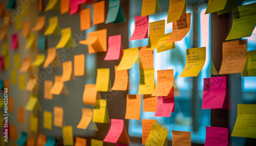 Yellow sticky notes on office bulletin board spark creative ideas generated by AI photo